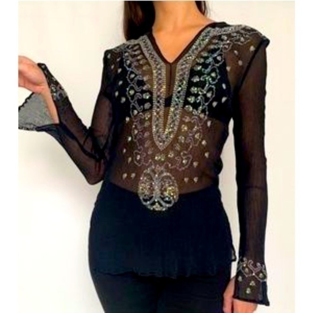 Venus black silk sequin embroidered and beaded here long sleeve top